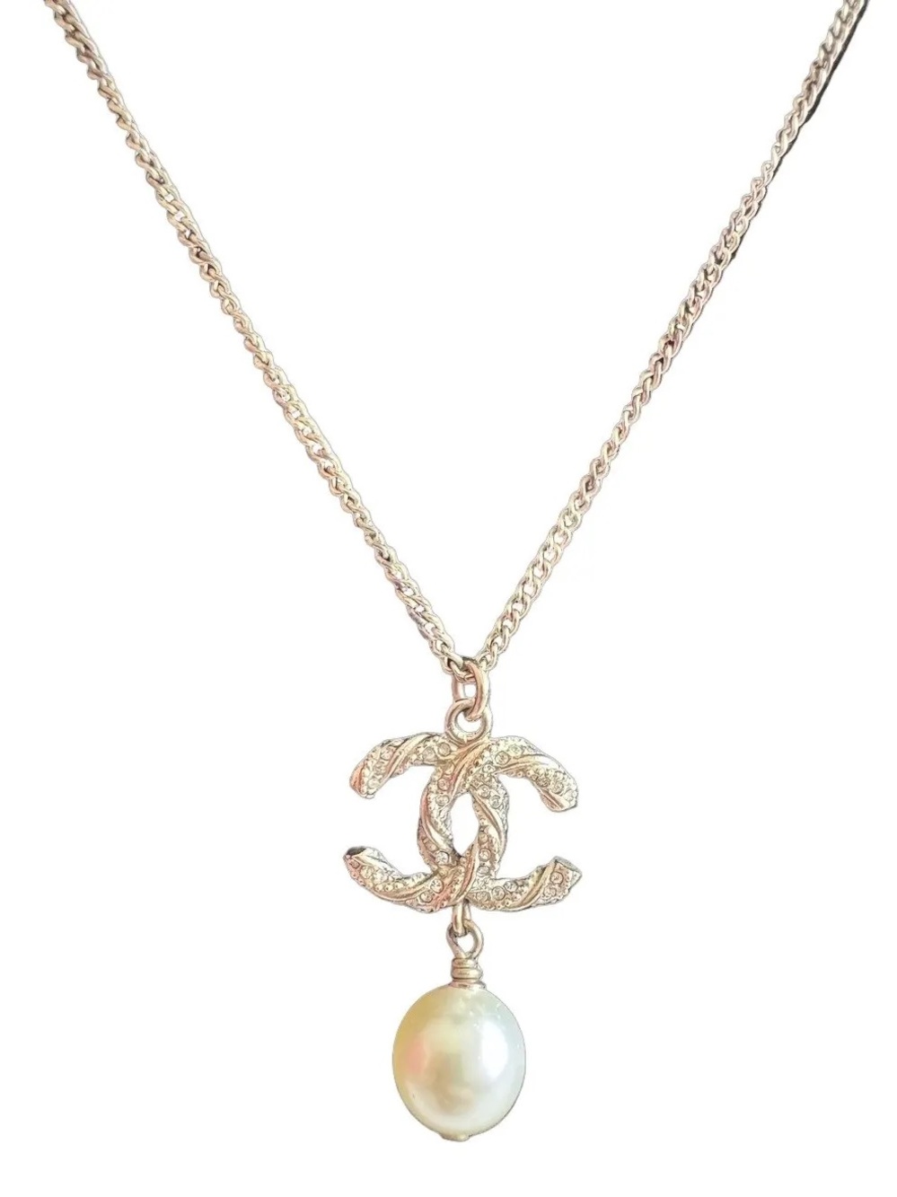 Chanel CC Crystal Pearl Gold Tone Pendant Necklace
